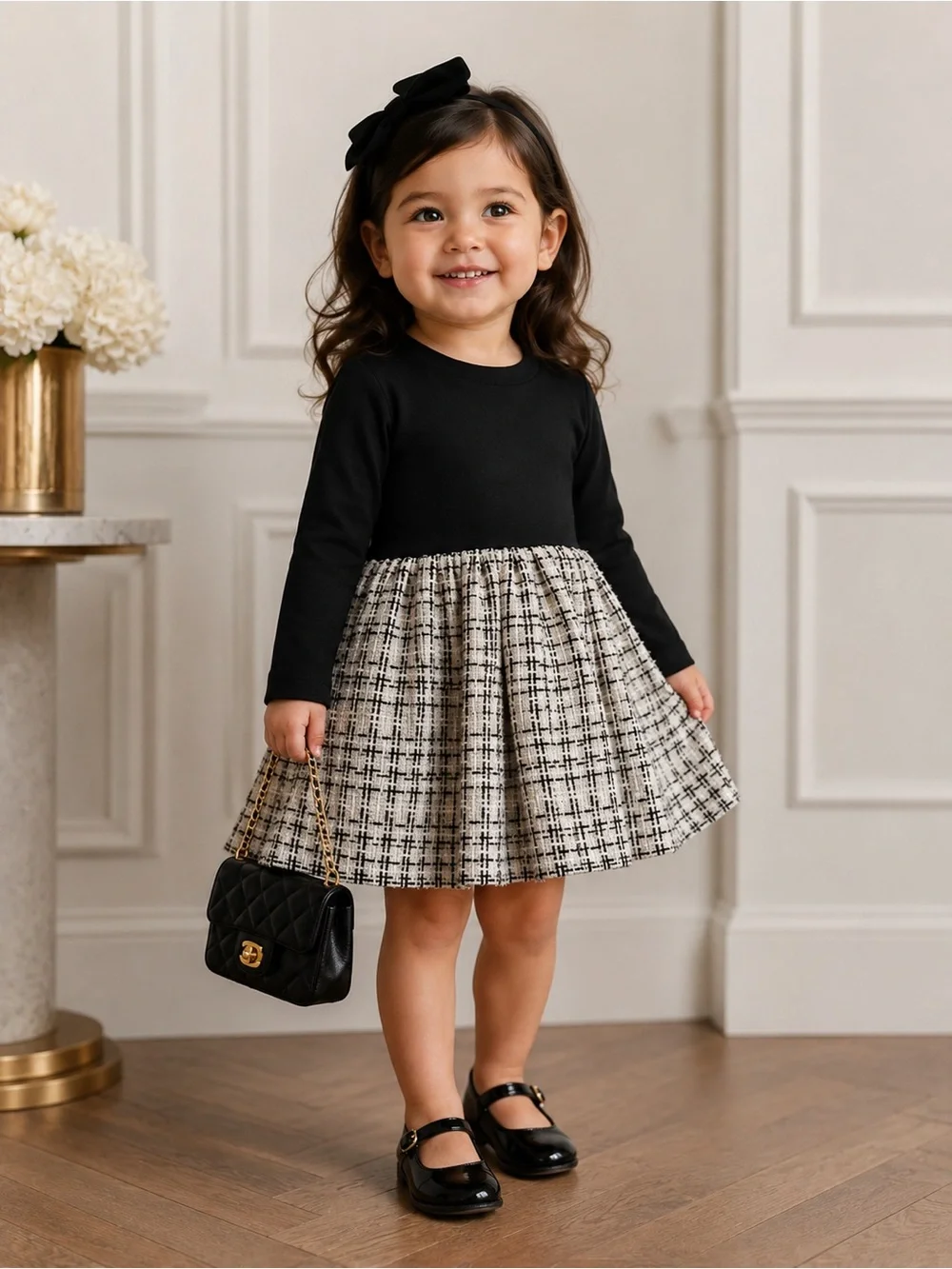 Girls Black & Ivory Tweed Dress | Long Sleeve Party Dress